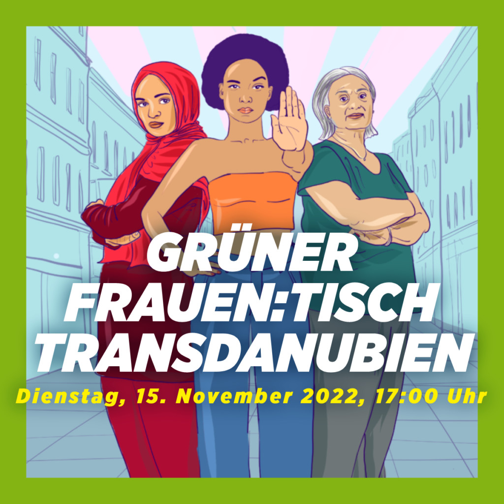 Skizze mit drei Frauen, mit Text "Grüner Frauentisch Transdanubien"