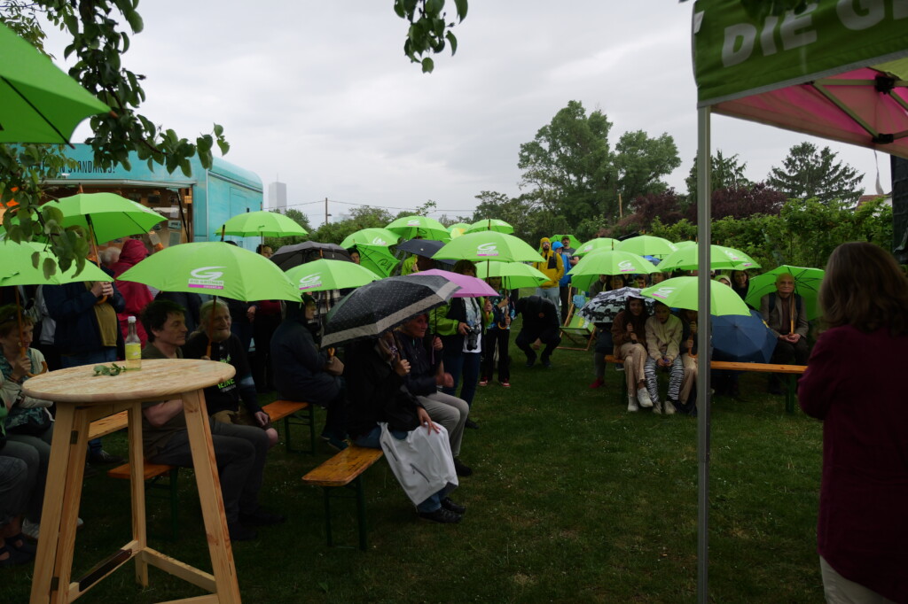 Viele Menschen mit grünen Regenschirmen stehen auf einer Wiese