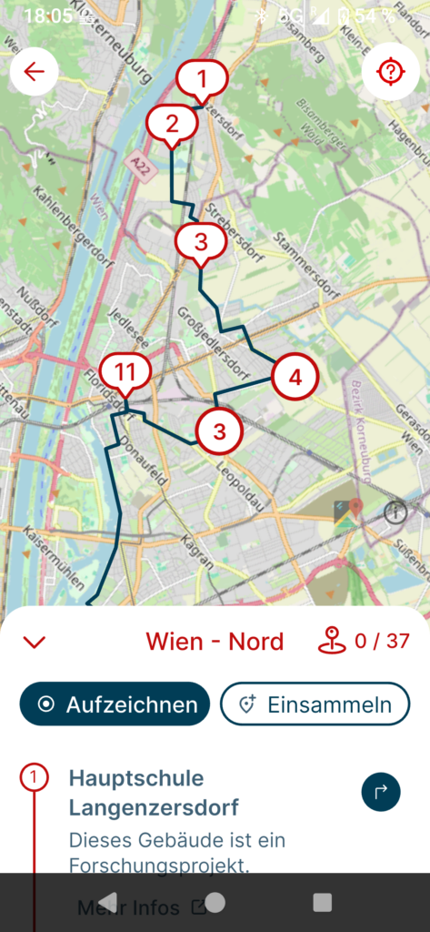 Screenshot von der Handy-App mit der Tour im Norden Wiens